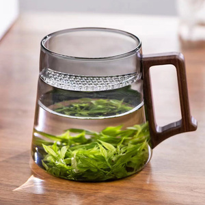 耐高温玻杯木把月牙泡茶杯茶水分离绿茶杯过滤办公室专用喝水杯子
