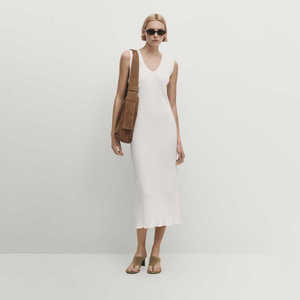 MD女装 2024夏季新品法式气质V领罗纹米白色清冷感无袖针织连衣裙