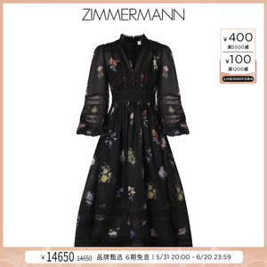 Zimmermann 2024春季新款Natura丝麻黑色蕾丝细节V领中长款连衣裙