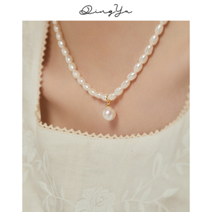 极简强光天然淡水珍珠项链女法式复古风轻奢锁骨链小米珠吊坠颈链