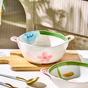 日式双耳汤碗大号带耳汤盆陶瓷泡面碗家用10寸大碗高颜值2024新款