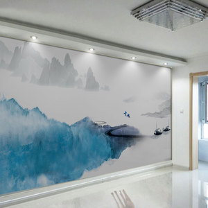 新中式古典水墨山水酒店沙发卧室电视背景墙无缝定制壁画墙纸壁纸