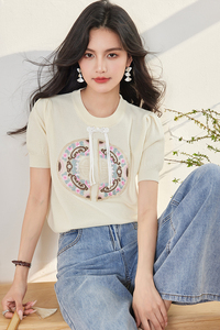 夏季刺绣圆领套头宽松冰丝针织衫新中式国风贴布短袖T恤上衣女