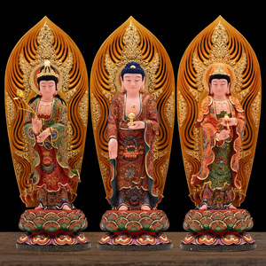 香樟木古彩西方三圣木雕佛像站立大势至菩萨观音菩萨阿弥陀佛神像