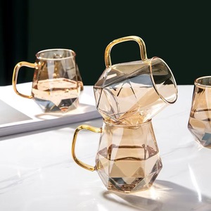 玻璃钻石杯带把手网红茶色玻璃杯果汁杯耐高温六棱水杯菱形杯子