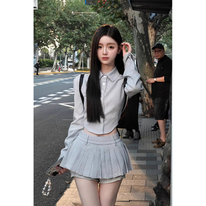 韩系学院风衬衫套装女春季甜辣妹洋气乖巧收腰短衬衣百褶裙两件套