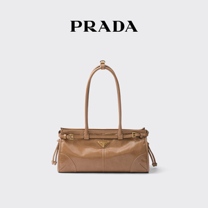 【2024新款】Prada/普拉达女士金属徽标中号牛皮革手袋单肩包
