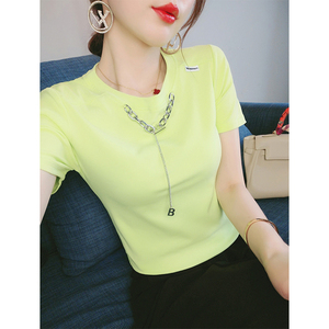 荧光黄纯棉短袖T恤女夏季2024年新款气质修身显瘦韩系设计感上衣