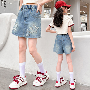 女童裤子夏季外穿2024新款韩版假两件牛仔裤裙中大童洋气宽松短裤