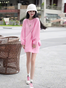 韩版粉色中长款卫衣女春秋季新款设计感宽松休闲时尚长袖套头上衣