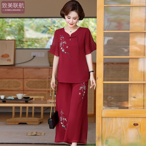 新中式绣花国风妈妈夏季套装时尚中老年人女衣服短袖雪纺两件套薄
