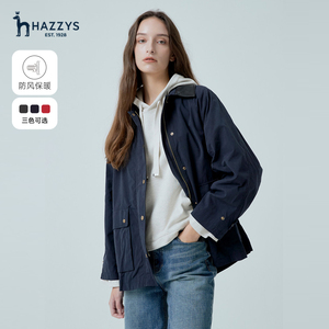 Hazzys哈吉斯2024春新款女士风衣短款工装外套皮领拼接设计感外套