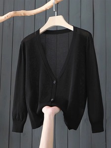 黑色冰丝针织防晒开衫女夏季薄款配吊带长裙外搭空调衫披肩罩衫