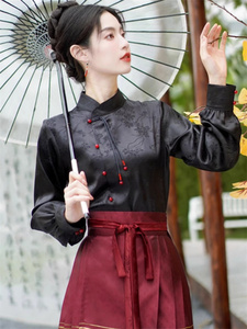 搭配马面裙的衬衫女古风汉服立领黑色对襟上衣新中式国风真丝衬衣