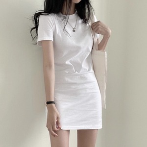 白色圆领短袖t恤连衣裙女2024夏新款修身显瘦中长款百搭打底裙子