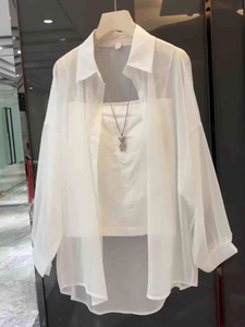 超薄款白色雪纺防晒衬衫女夏季配吊带的开衫灯宽松微透笼袖防晒衣