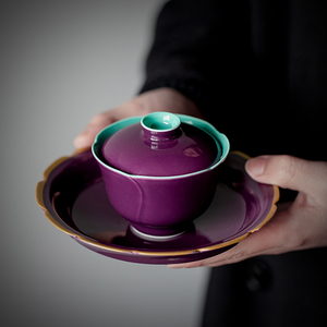 桔梗紫三才盖碗茶杯陶瓷中式简约单个茶碗带盖家用功夫茶具泡茶器