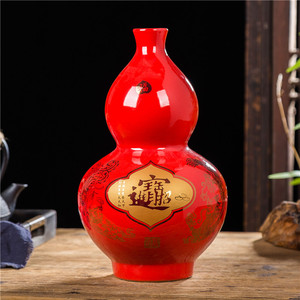 现代新中式客厅家居装饰品创意陶瓷中国红葫芦花瓶书房博古架摆件