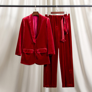 高级感炸街御姐红色丝绒西装通勤套装2021年新款女金丝绒西服秋冬