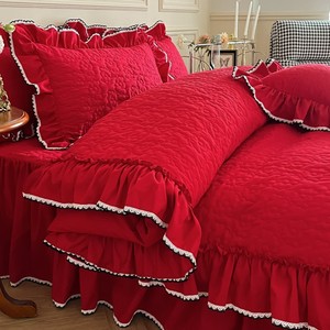 婚庆水洗棉床上四件套床裙夹棉大红色被套床单床品绗缝床盖三件套