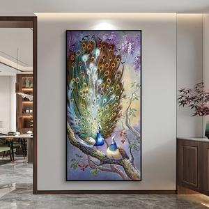 新中式紫气东来孔雀开屏手绘油画客厅装饰画玄关正对门吉祥鸟挂画