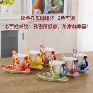 新2023个性陶瓷创意孔雀骨瓷咖啡杯碟勺杯子ins高颜值欧式茶杯套