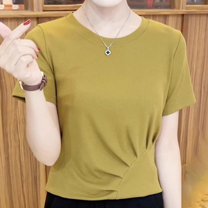 中年妈妈高腰圆领短袖t恤女夏季2024新款韩版宽松小个子短款体恤