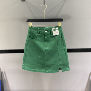 韩国不规则高腰绿色牛仔半身裙女夏季新款显瘦a字开叉包臀短裙潮