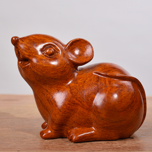 实木老鼠摆件花梨木雕刻十二生肖鼠家居客厅办公装饰品红木工艺品