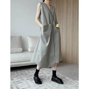 韩国chic夏季法式设计感V领无袖宽松显瘦中长款不规则背心连衣裙