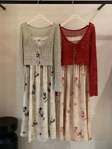 韩国春夏新款中式国风花朵抹胸吊带裙+镂空针织开衫两件套装女潮