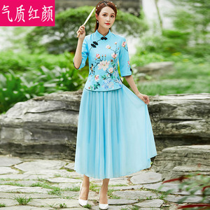 中式唐装改良旗袍上衣汉服两件套中国风大码女装复古文艺印花茶服
