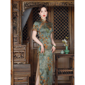夏季老上海旗袍女长款传统八扣复古中国风优雅日常连衣裙大码短袖