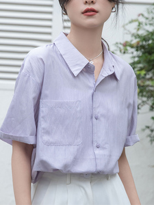 复古紫色天丝短袖衬衫女夏季温柔仙女风上衣宽松显瘦防晒衬衣薄款