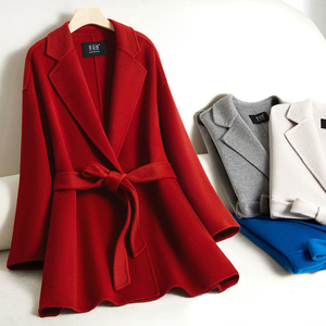 红色双面羊绒大衣女短款小个子2023年新款秋冬高端羊毛呢系带外套