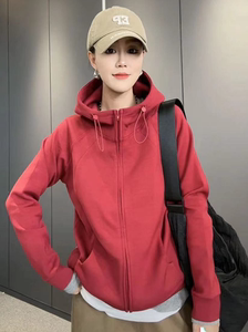 红色卫衣女秋冬季2024新款爆款加绒加厚修身休闲运动连帽开衫外套