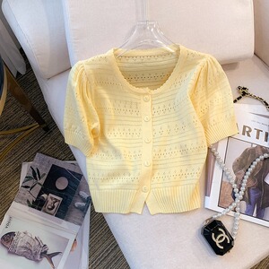 黄色小香风冰丝针织开衫短袖t恤女夏季设计感小众短款泡泡袖上衣