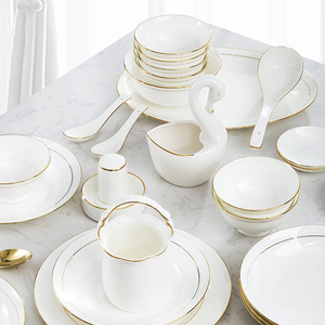 碗碟套装家用骨瓷餐具景德镇欧式陶瓷 创意简约金边轻奢碗盘组合