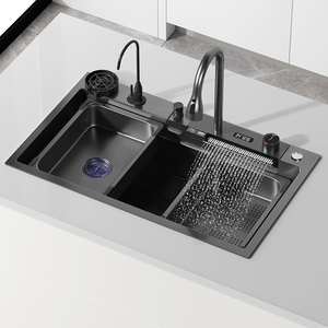 利姿加厚5.0不锈钢厨房水槽大单槽飞雨瀑布数显台控洗碗洗菜台盆