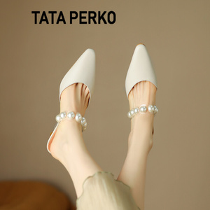 TATA PERKO联名白色包头珍珠小跟凉鞋女夏穆勒拖鞋真皮高跟凉单鞋