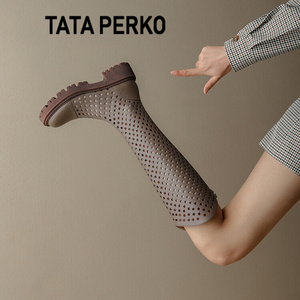 TATA PERKO联名女鞋夏天镂空长靴女夏薄款洞洞鞋真皮透气高筒凉靴