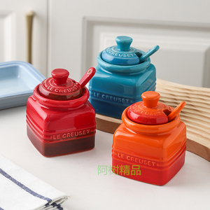 LE CREUSET酷彩陶瓷调料罐套装家用带勺调味罐盐味精分装瓶蜂蜜罐
