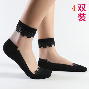 4双袜子女韩国夏季薄款透明玻璃丝船袜金银丝袜日系中筒复古棉袜