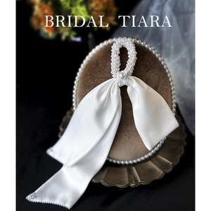 新款新娘发饰韩式复古气质缎面大蝴蝶结发圈发绳婚纱造型珍珠头饰