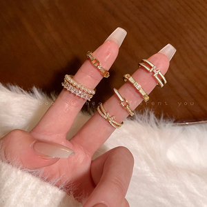 轻奢高级感双排珍珠锆石开口戒指时尚可调节小众设计简约个性指环