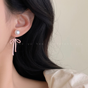法式珍珠粉色蝴蝶结后挂式耳钉女小众设计感独特耳环可爱甜美耳饰