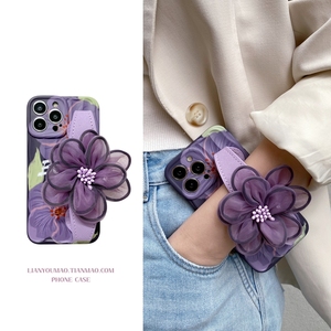 早春紫色纱花朵手腕带适用iPhone14promax手机壳15pro温柔13可背带12pro斜挎挂绳11小众14plus时尚15气质软套
