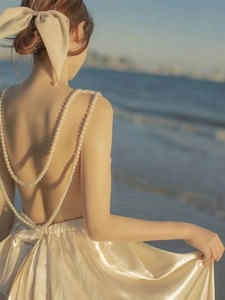 海边度假珍珠露背晚礼服吊带连衣裙超仙女千金风白月光公主蓬蓬裙