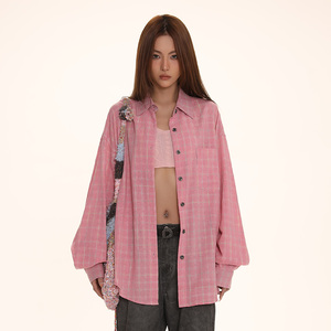 DNT/韩火火 慵懒宽松休闲粉色格子长袖衬衫外套设计感减龄上衣
