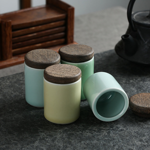 青瓷木盖茶叶罐陶瓷便携迷你小号小茶罐软木塞瓷罐茶叶小泡罐空罐